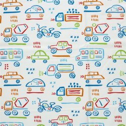 Baumwolljersey bunte Fahrzeugzeichnungen - creme