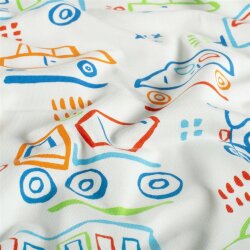Baumwolljersey bunte Fahrzeugzeichnungen - creme