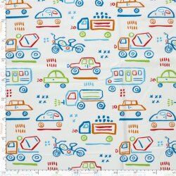 Baumwolljersey bunte Fahrzeugzeichnungen - creme