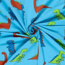 Baumwolljersey bunte Dinos - wasserblau