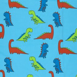 Baumwolljersey bunte Dinos - wasserblau
