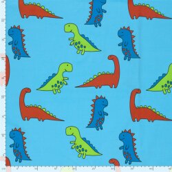 Baumwolljersey bunte Dinos - wasserblau