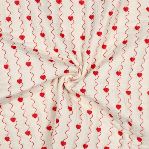 Musselin Bestickt Herzen auf Wellenstreifen - natur/rot