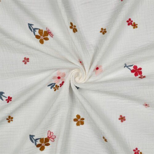 Musselin Bestickt Blumen - creme/kamel