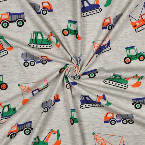 Baumwolljersey Neon Baumaschinen - hellgrau meliert