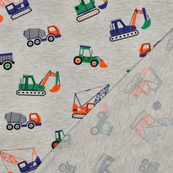 Baumwolljersey Neon Baumaschinen - hellgrau meliert