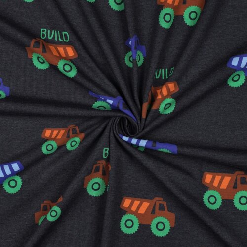 Baumwolljersey Baumaschinen - dunkelblau meliert