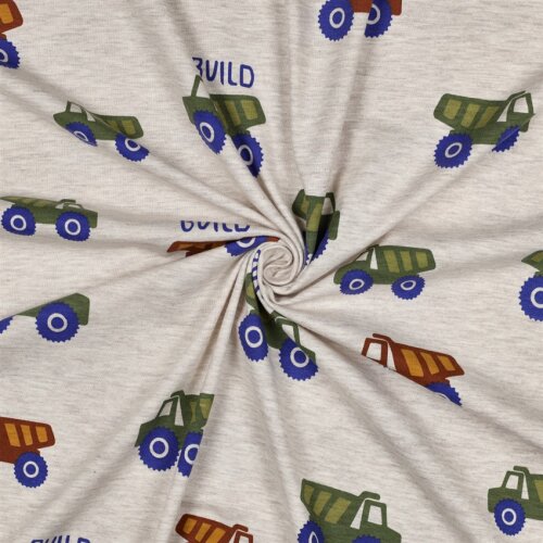 Baumwolljersey Baumaschinen - hellbeige meliert