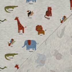 Baumwolljersey bunte Safari Tiere - hellgrau meliert