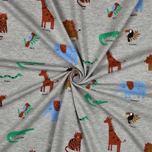 Baumwolljersey bunte Safari Tiere - grau meliert