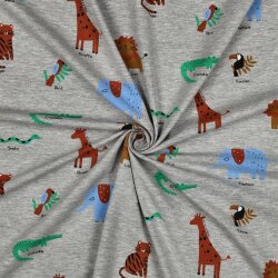 Baumwolljersey bunte Safari Tiere - grau meliert
