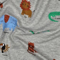 Baumwolljersey bunte Safari Tiere - grau meliert
