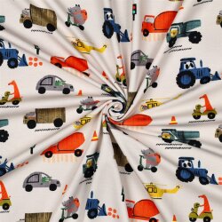 Baumwolljersey Digital bunte Fahrzeuge - cremerose