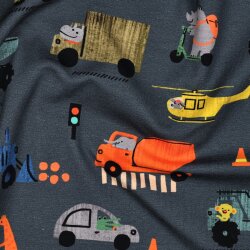 Baumwolljersey Digital bunte Fahrzeuge - indigo