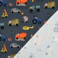 Baumwolljersey Digital bunte Fahrzeuge - indigo