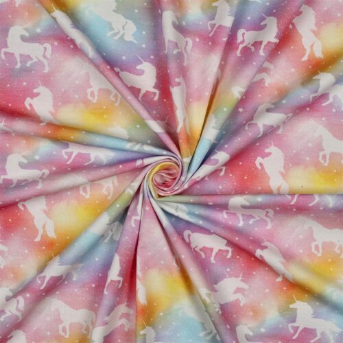 Baumwolljersey Digital bunte Einhörner - pastellrosa