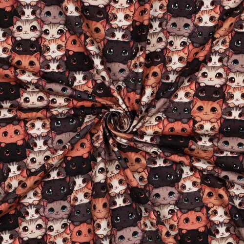Baumwolljersey Digital süße Katzenköpfe - braun