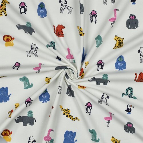Baumwolljersey bunte lustige Tiere - weiß