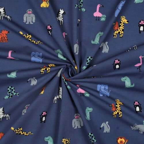 Baumwolljersey bunte lustige Tiere - kobaltblau