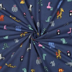Baumwolljersey bunte lustige Tiere - kobaltblau