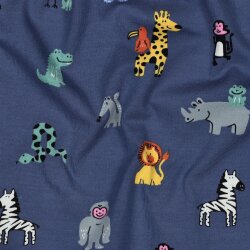 Baumwolljersey bunte lustige Tiere - kobaltblau