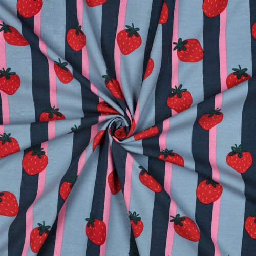 Baumwolljersey Erdbeeren auf Streifen - petrol