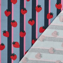 Baumwolljersey Erdbeeren auf Streifen - petrol