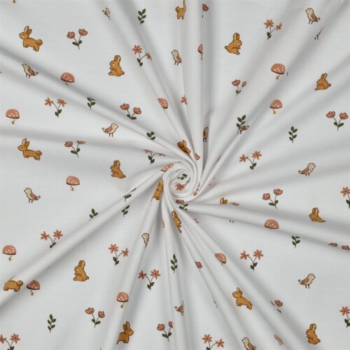 Baumwolljersey Hasen & Vögel - weiß