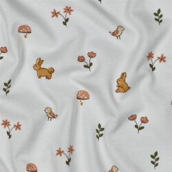 Baumwolljersey Hasen & Vögel - weiß