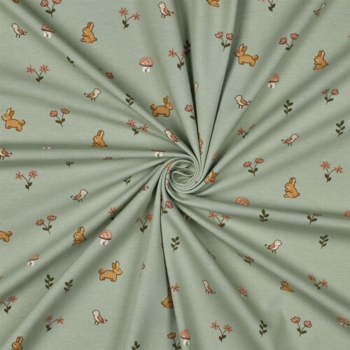 Baumwolljersey Hasen & Vögel - hellsalbei