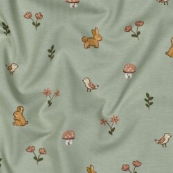 Baumwolljersey Hasen & Vögel - hellsalbei