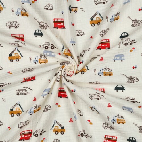 Musselin kleine bunte Fahrzeuge - altweiß