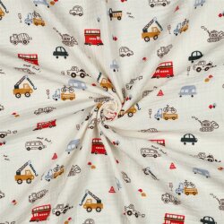 Musselin kleine bunte Fahrzeuge - altweiß