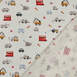 Musselin kleine bunte Fahrzeuge - altweiß