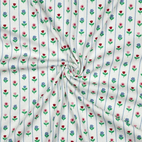 Rippenjersey Blümchen in Streifen - weiß