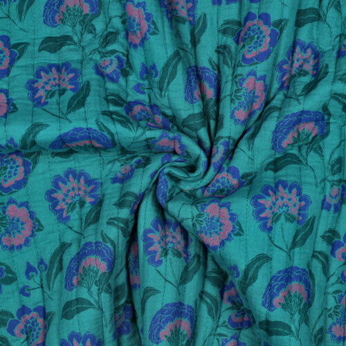 Musselin Gesteppt Blumen - helltürkis