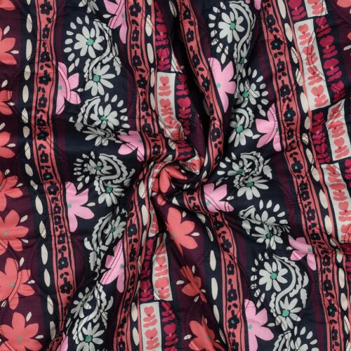 Baumwollvoile Steppstoff Digital Blumen in Reihen - aubergine