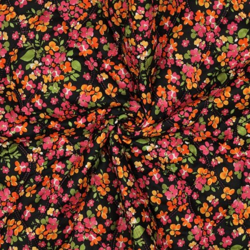 Baumwollvoile Steppstoff Digital orange Blumen - schwarz