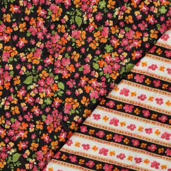 Baumwollvoile Steppstoff Digital orange Blumen - schwarz
