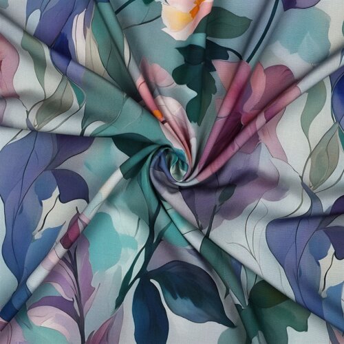 Viskose Popeline Digital Aquarell Blumen - blau