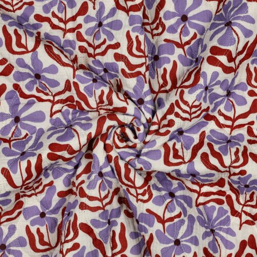 Musselin Gesteppt 2-Seitig Retroblumen - natur/lavendel