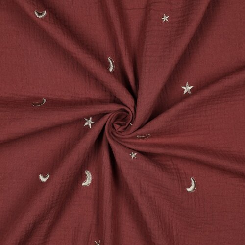 Musselin Bestickt Mond und Sterne - altrot