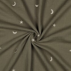 Musselin Bestickt Mond und Sterne - moosgrün