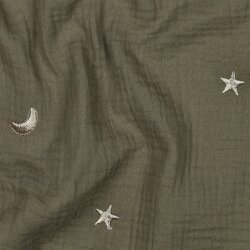 Musselin Bestickt Mond und Sterne - moosgrün