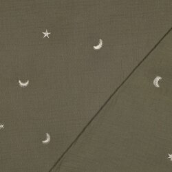 Musselin Bestickt Mond und Sterne - moosgrün