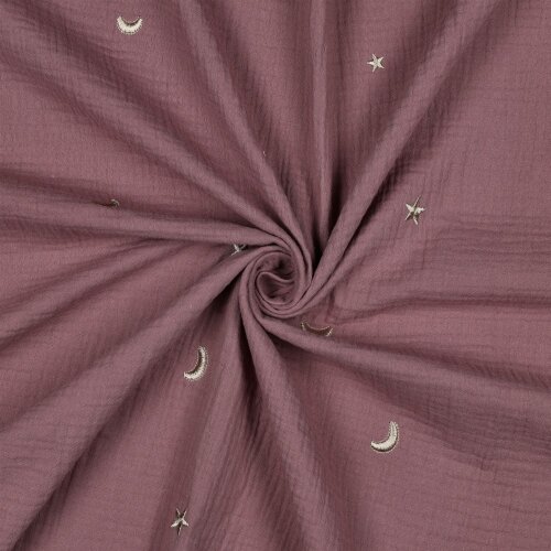 Musselin Bestickt Mond und Sterne - altmauve