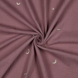 Musselin Bestickt Mond und Sterne - altmauve