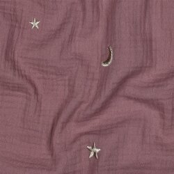 Musselin Bestickt Mond und Sterne - altmauve