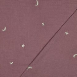Musselin Bestickt Mond und Sterne - altmauve