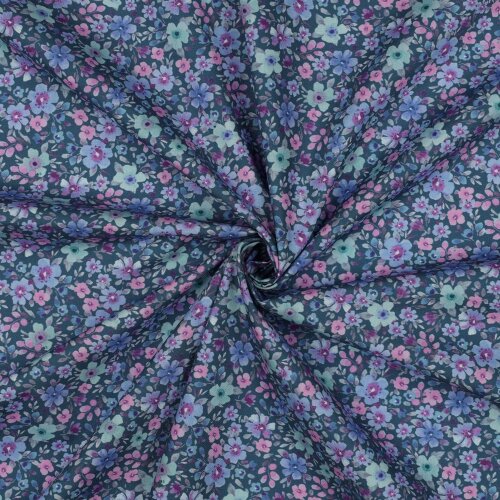 Baumwollpopeline kleines Blumenmeer - petrolblau